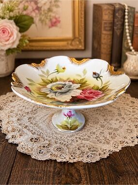 Vintage Hand Painted Porcelain Pedestal Compote Dish Japan Gold Gilt Floral Bowl